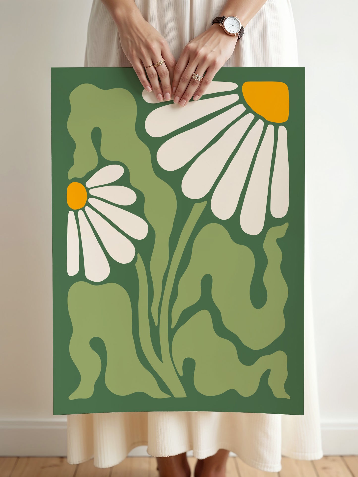 Green And Cream Daisy Print | Download