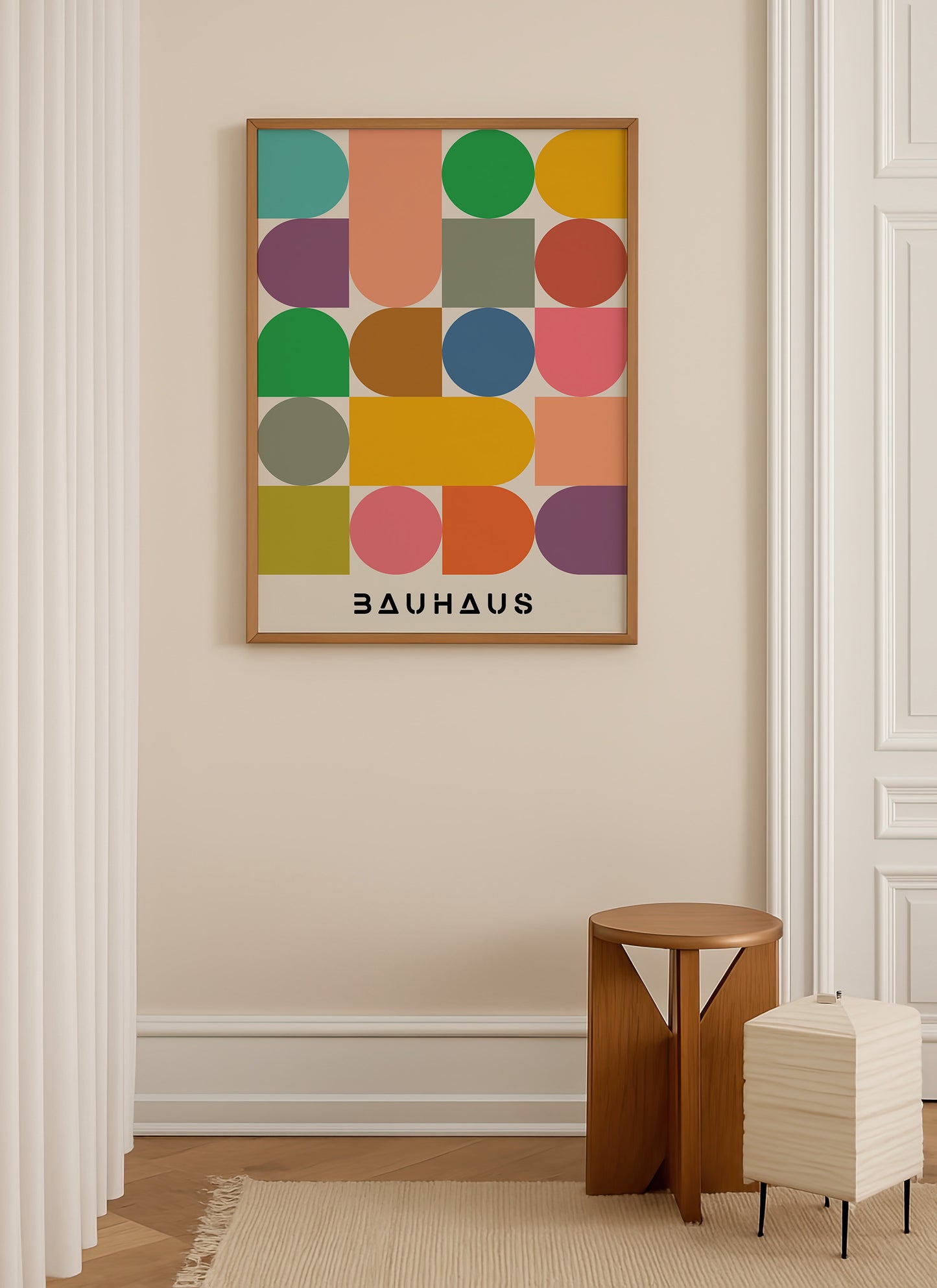 a minimalist interior design with a large abstract art piece hanging on the wall, a small wooden stool, and a white lamp.