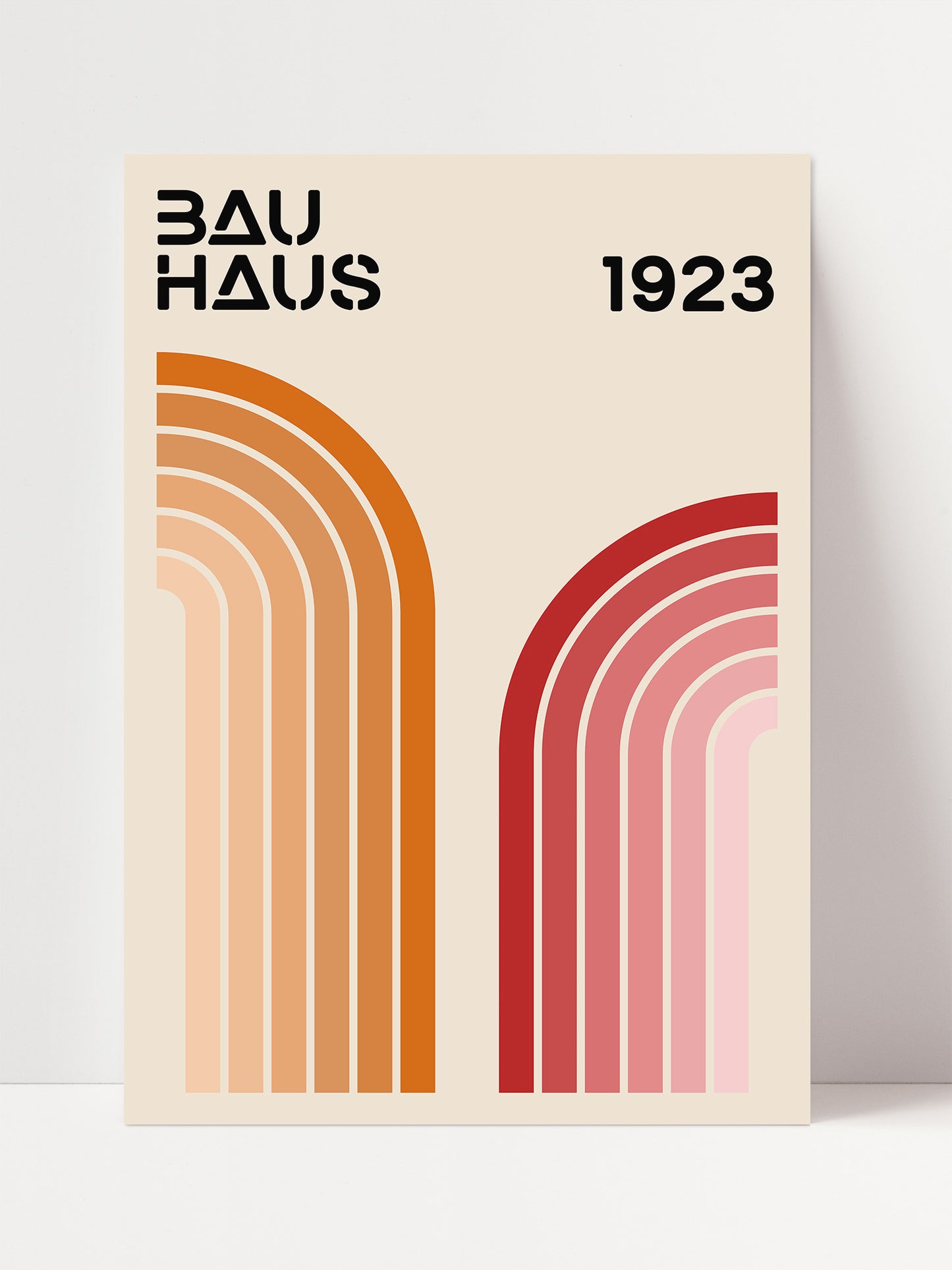 The image is a poster for the Bauhaus school of design, featuring a minimalist design with a color scheme of orange, pink, and red.