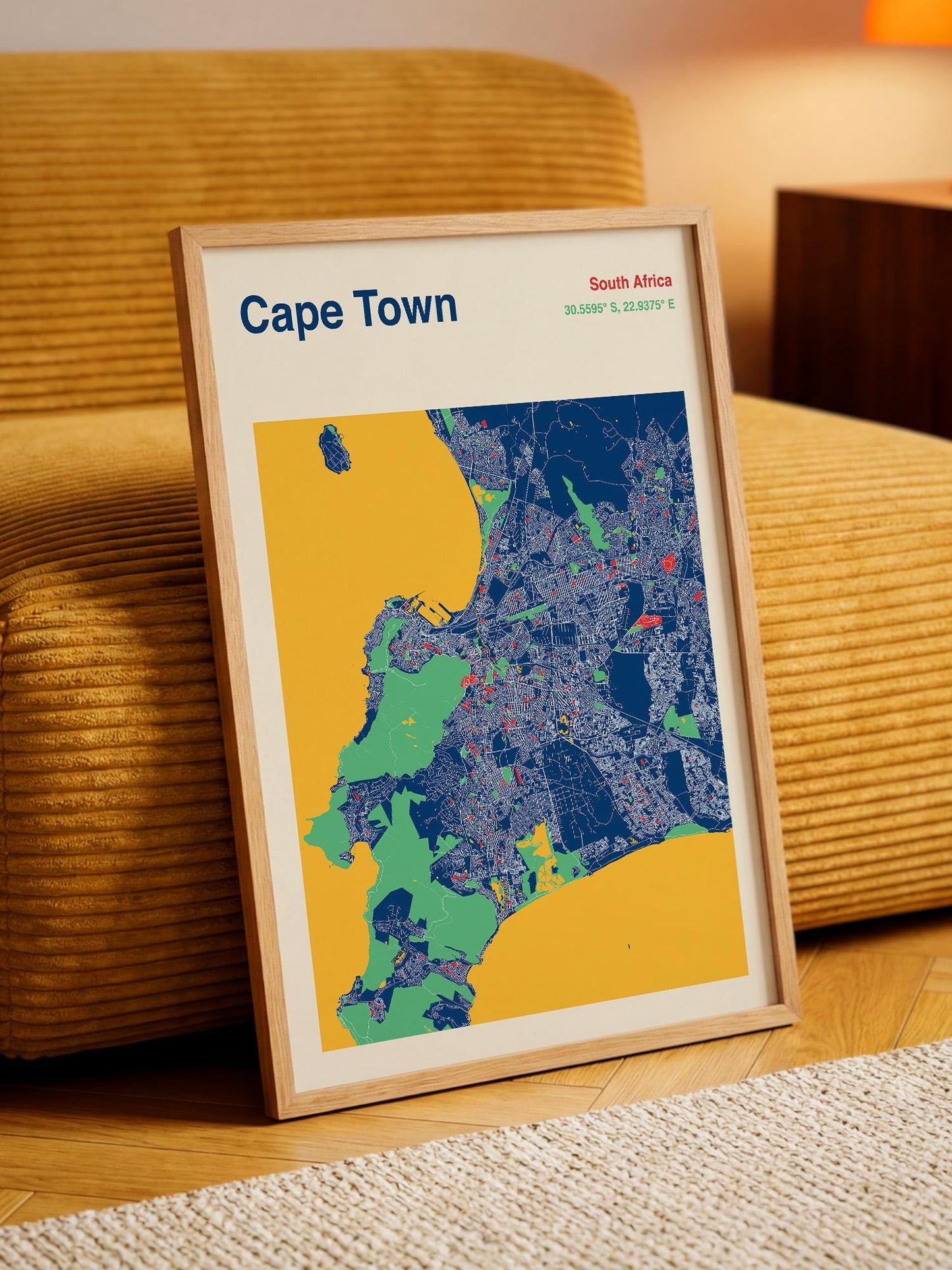 A framed map of Cape Town, South Africa, is displayed on a wooden floor in front of a yellow couch.