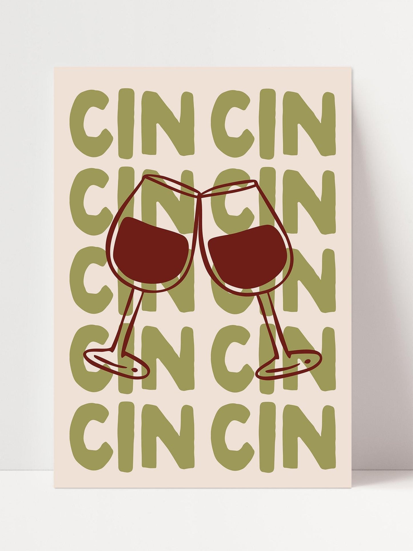two wine glasses clinking together, with the word "CIN" repeated in a pattern throughout the background.