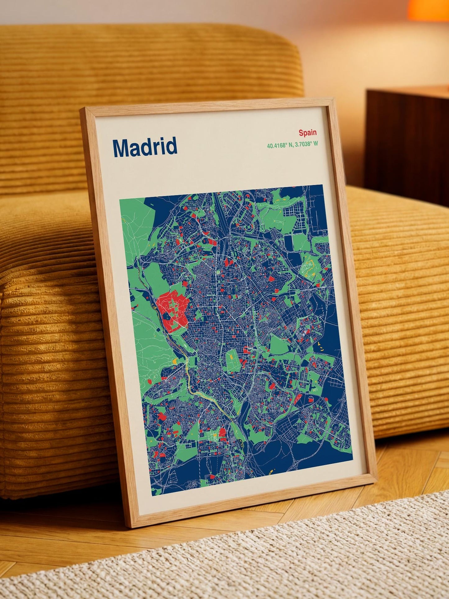 A framed map of Madrid, Spain, with a colorful and detailed representation of the city's streets and landmarks.