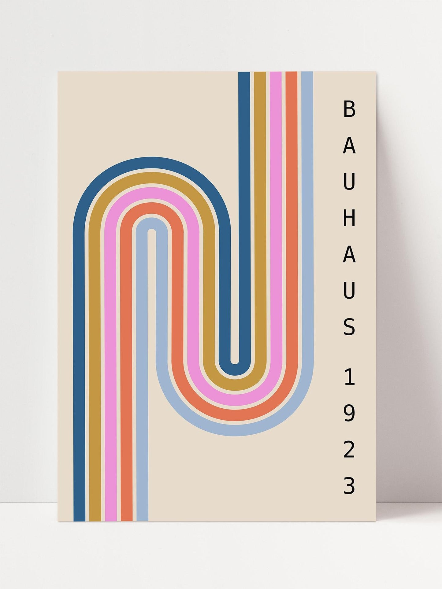a minimalist design with a repeating pattern of colorful lines on a light background.