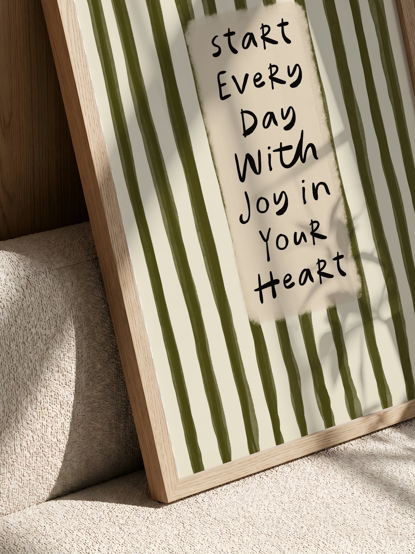 a framed poster with a motivational message about starting every day with joy in your heart.