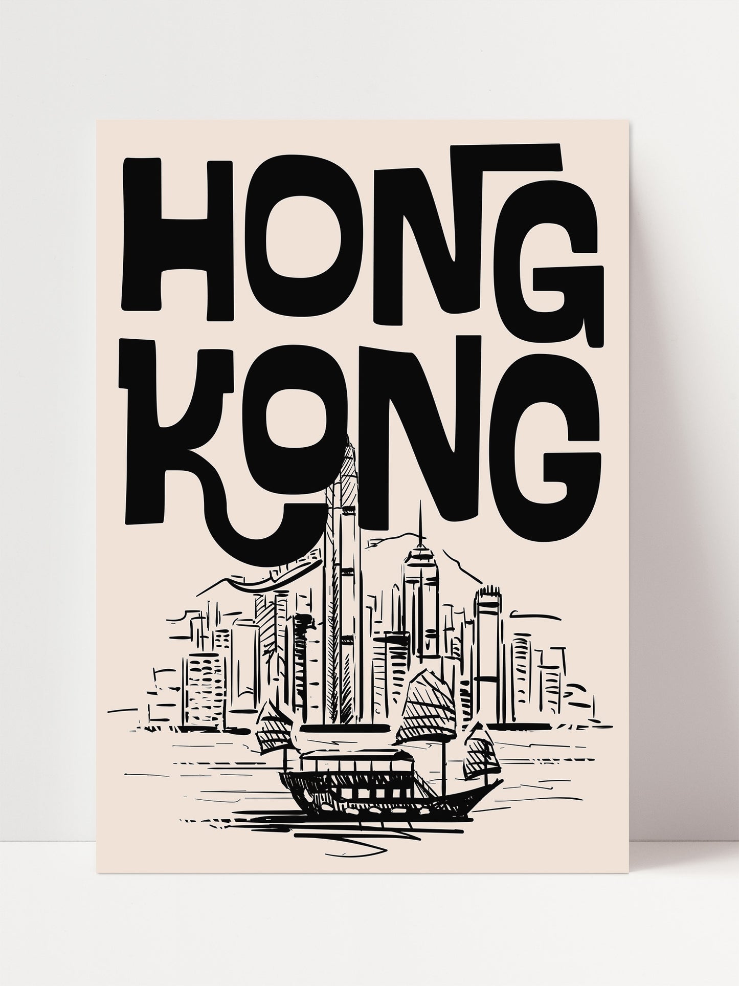 a stylized illustration of Hong Kong's skyline, with the city's iconic landmarks and buildings depicted in a black and white design.