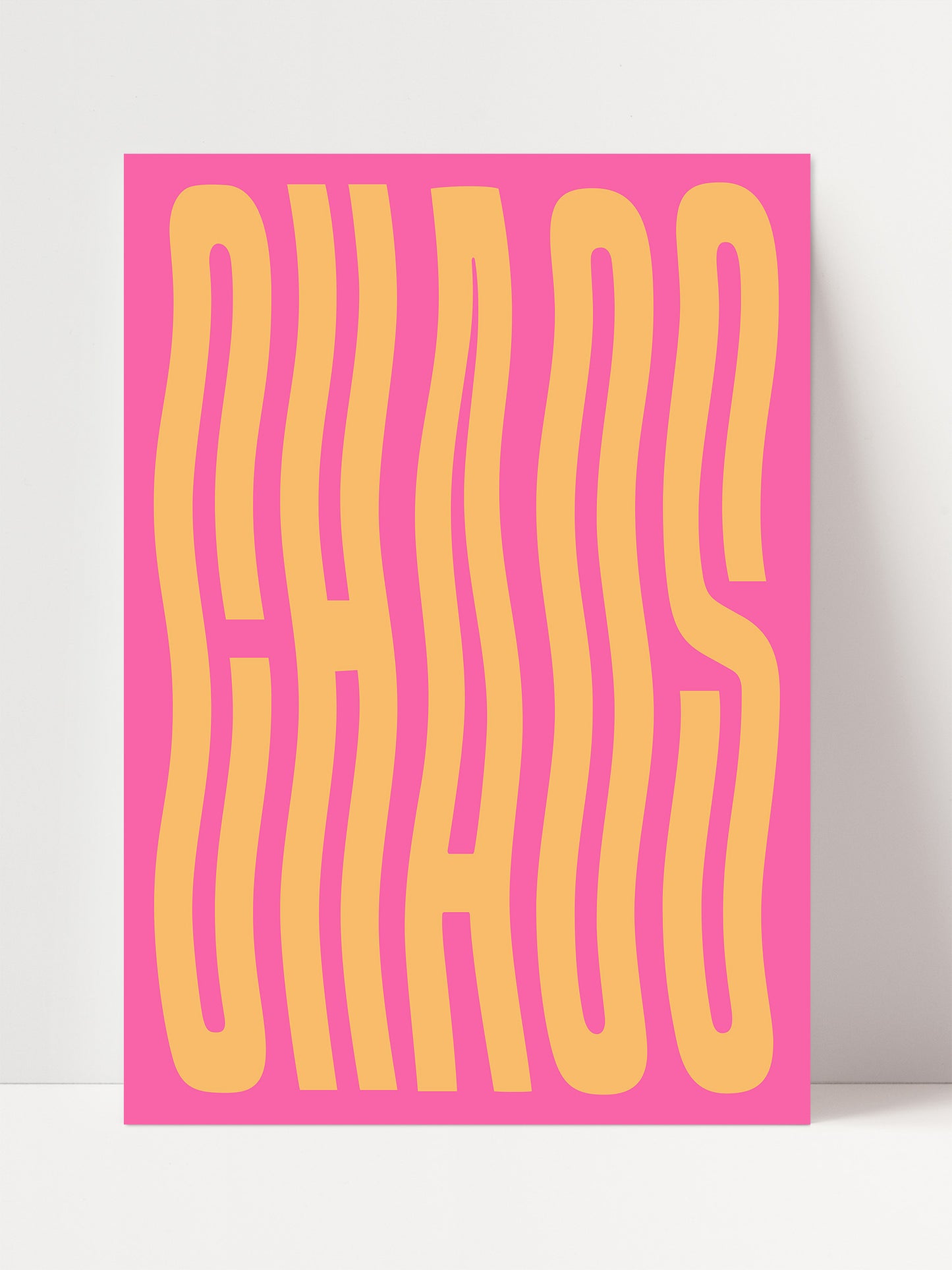 a large, bold, and colorful text design that reads "CHAOS" in a stylized font.
