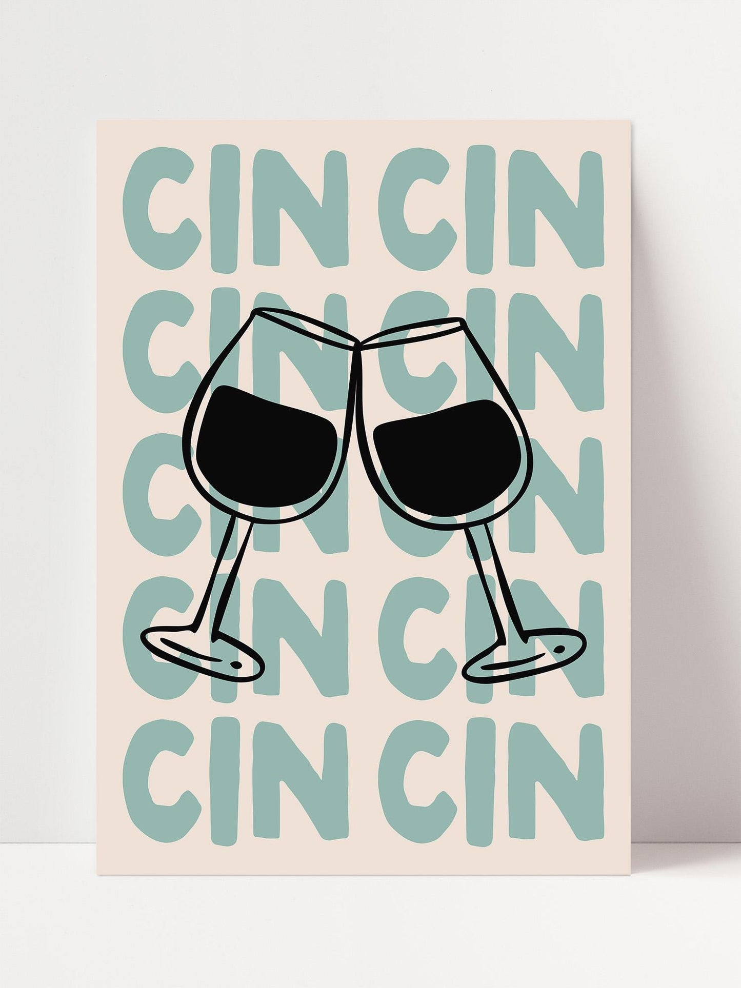 two wine glasses clinking together, with the word "CIN" repeated in a pattern across the background.