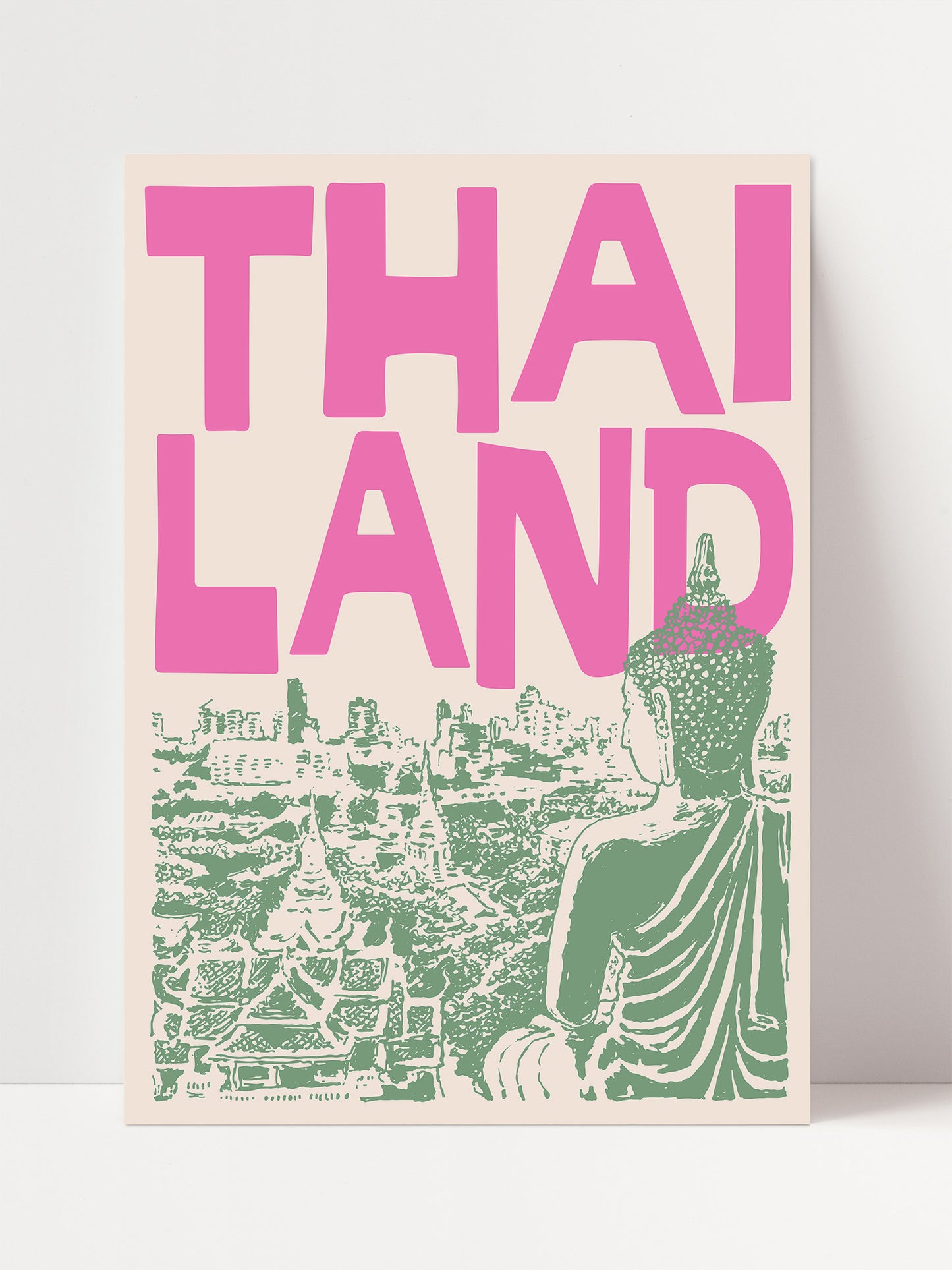 The image is a poster featuring a large pink text that says "THAI LANDS" and an illustration of a Buddha statue in the foreground.