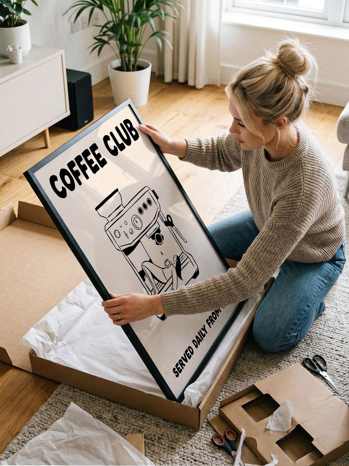 A woman is kneeling on the floor and holding a framed poster with a coffee machine illustration, which appears to be a promotional poster for a coffee club.