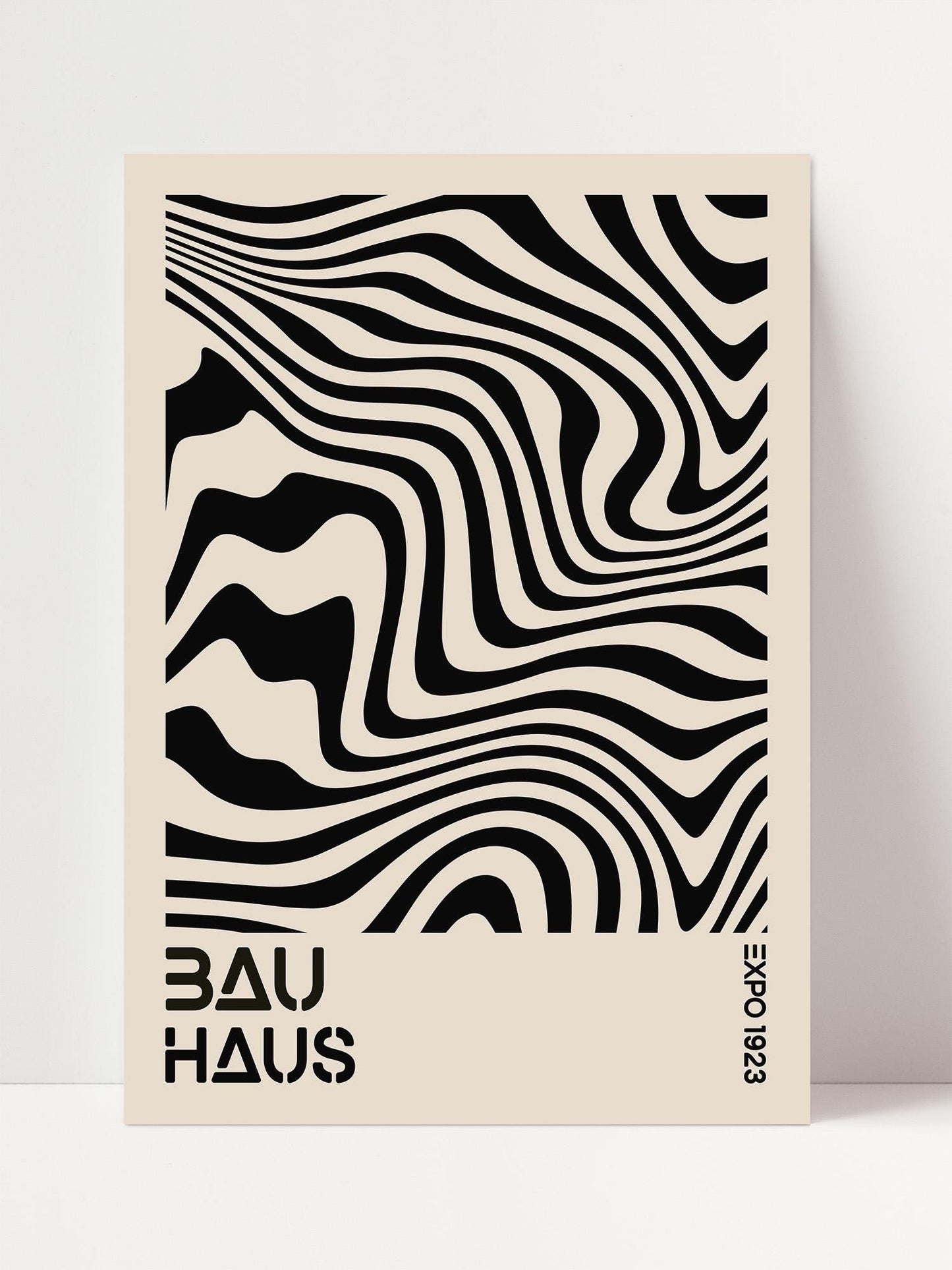 a minimalist design with a bold, abstract pattern of black and white lines and swirls.