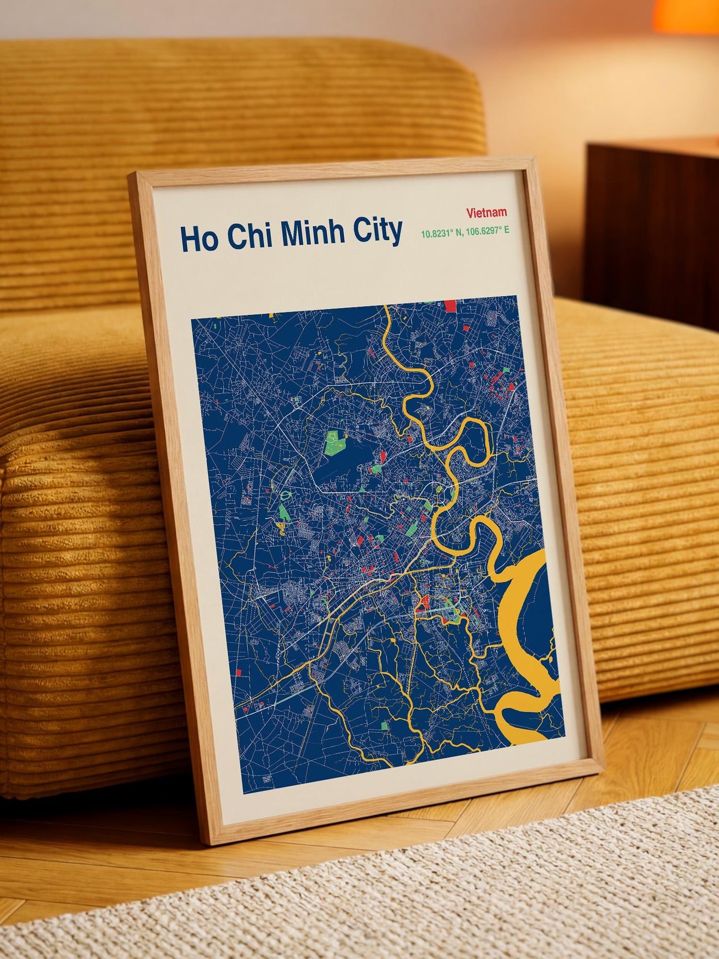 A framed map of Ho Chi Minh City, Vietnam, with a blue and yellow color scheme.