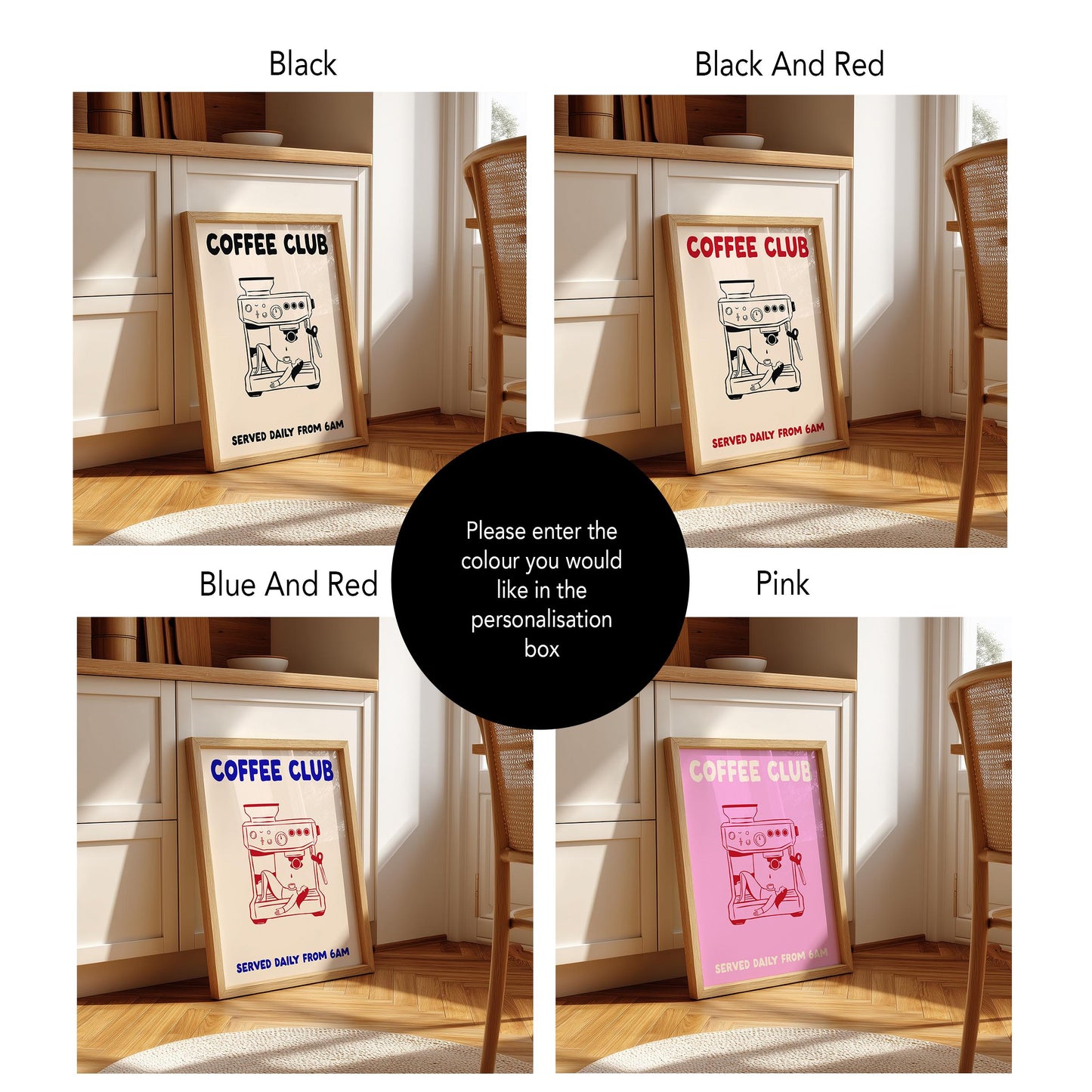 The image is a collage of four different framed posters or signs, each with a different color and design, placed on a wooden floor in a room with a chair and a cabinet.
