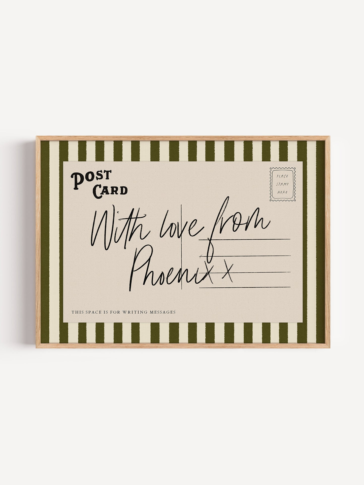 The image is a framed postcard with a handwritten message that reads "With love from Phoenix x".