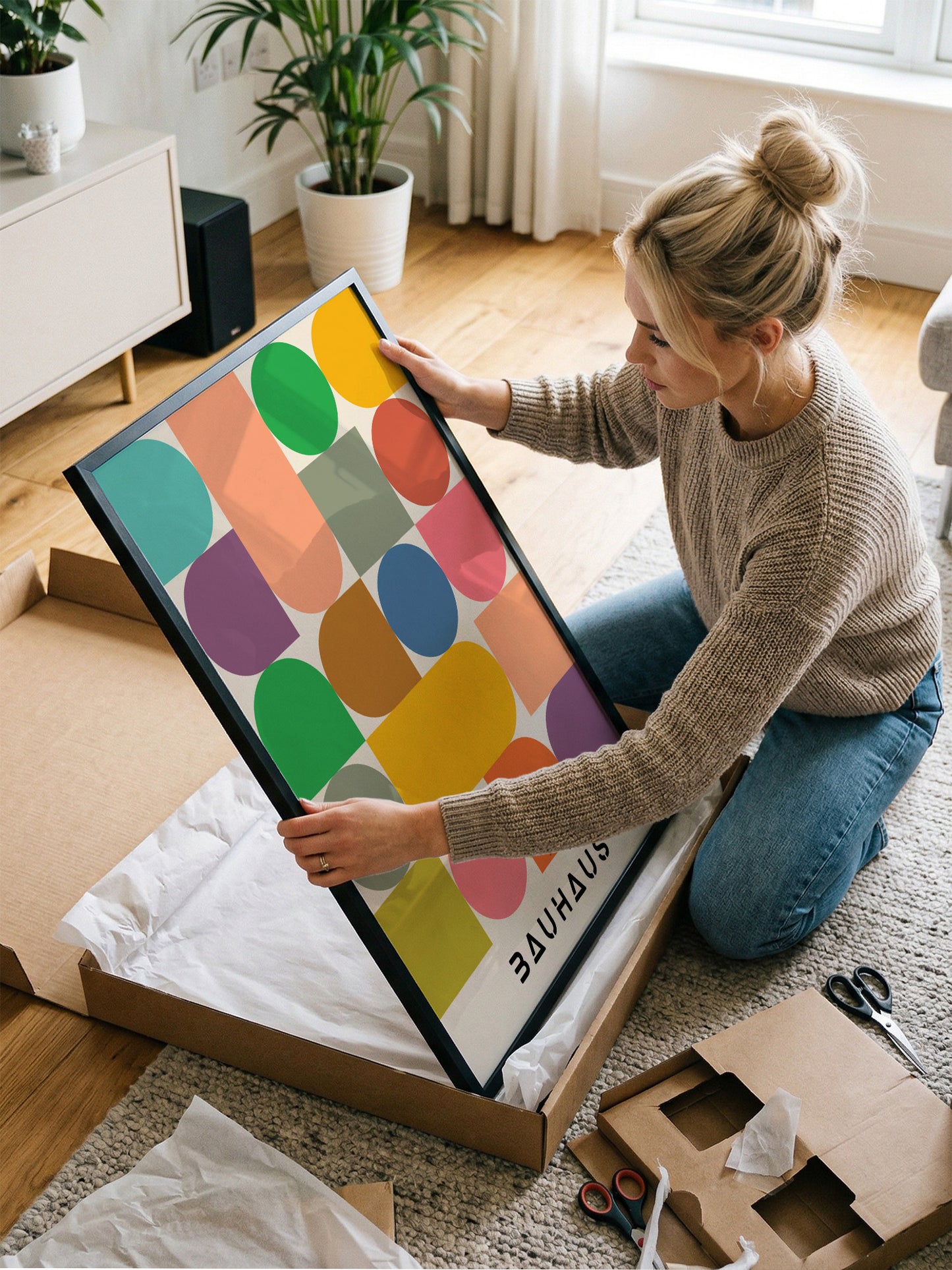 A woman is kneeling on the floor and carefully opening a large cardboard box, which contains a colorful abstract art piece.