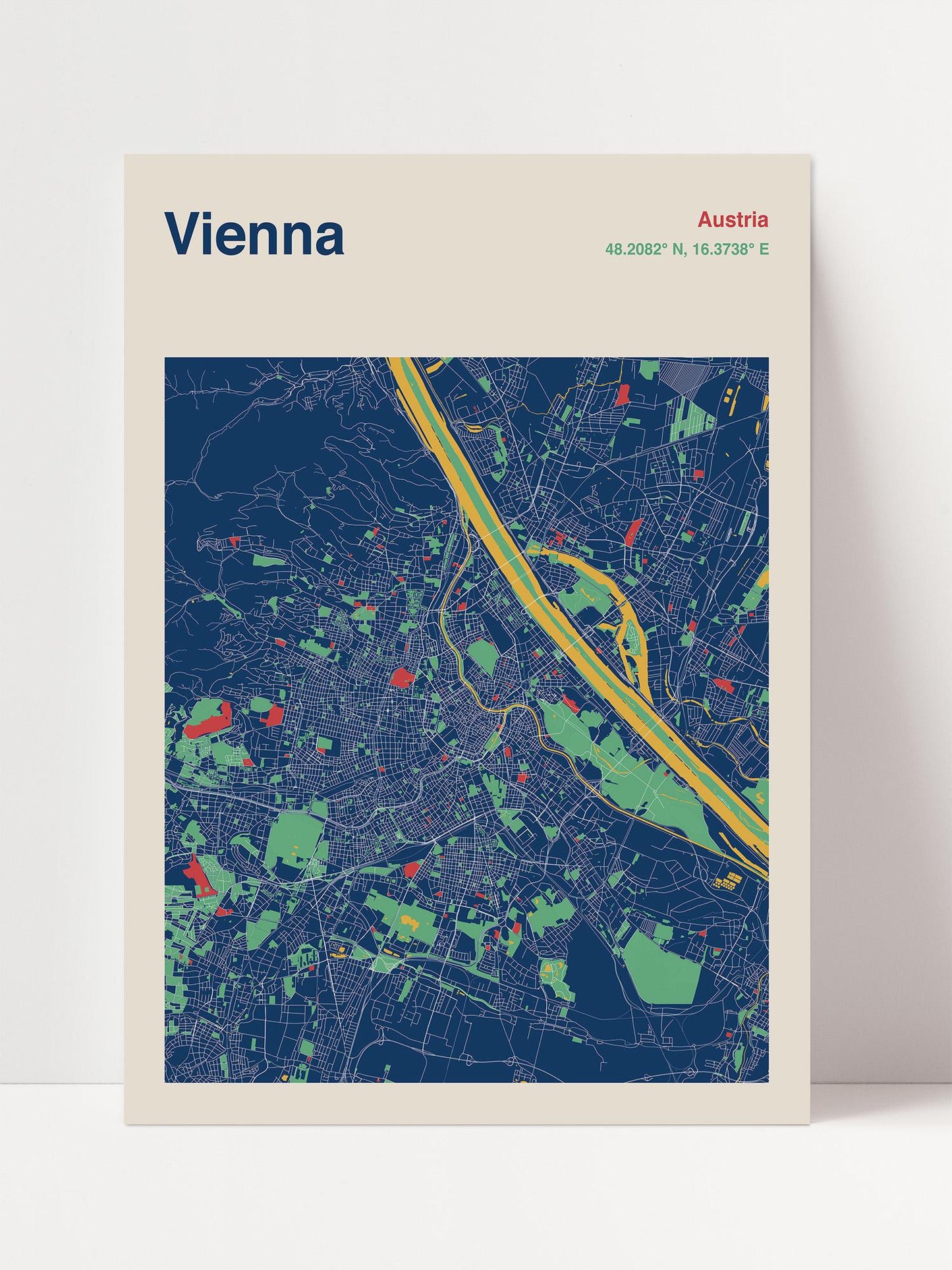 The image is a map of Vienna, Austria, depicting the city's streets, landmarks, and surrounding areas in a stylized and colorful manner.