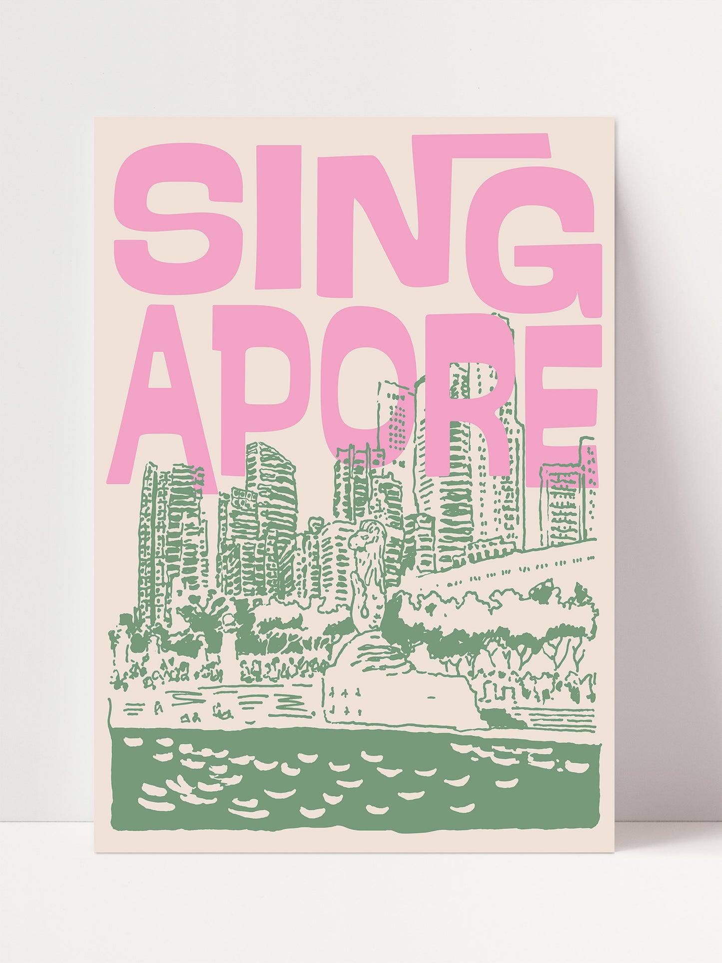 A poster featuring a stylized illustration of a cityscape with a body of water in the foreground, along with the text "SINGAPORE" prominently displayed.
