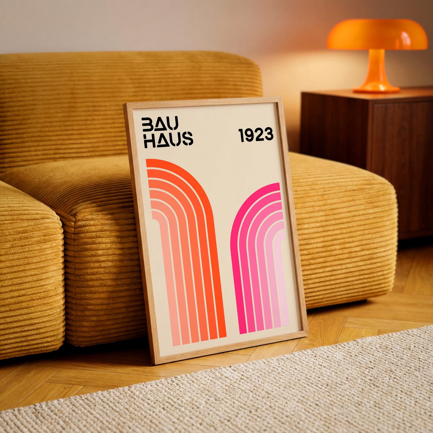 a framed poster of the Bauhaus design style, with a yellow couch and a lamp in the background.