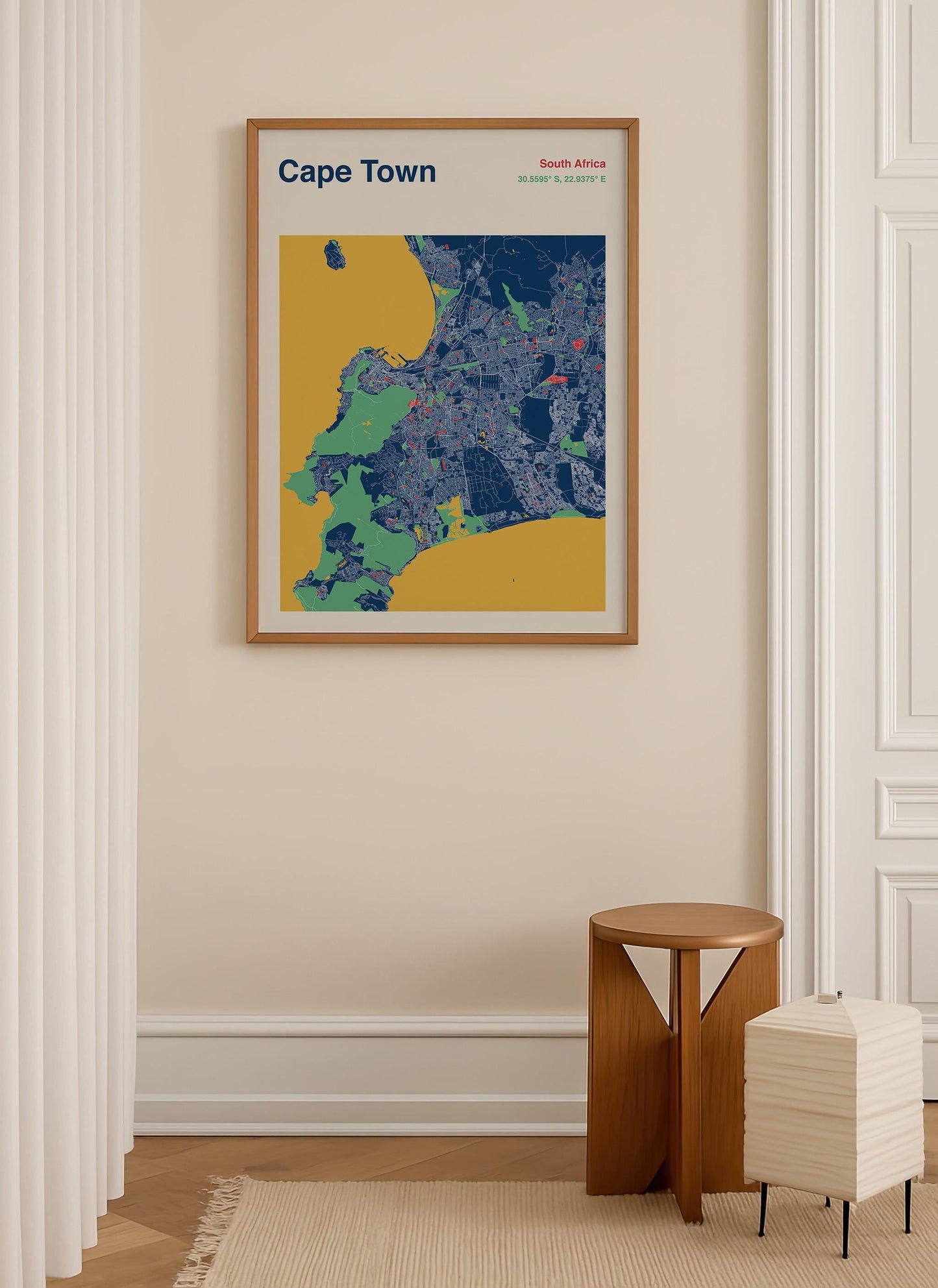 Cape Town Map Print - Modern Blue Yellow Design, Framed or Unframed