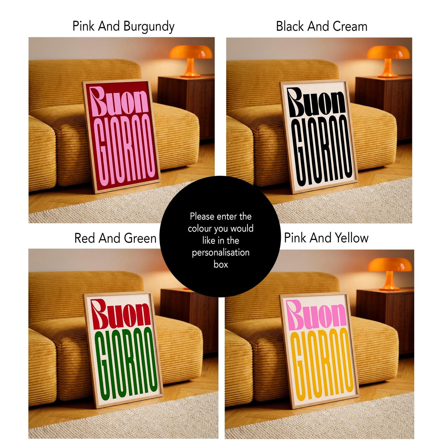 The image is a collage of four different color variations of the word "Buon Giaroano", each displayed in a different color scheme. The colors are Pink and Burgundy, Black and Cream, Red and Green, and Pink and Yellow.