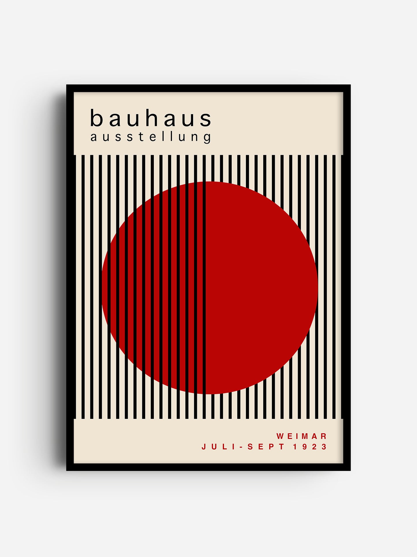 The image is a poster for the Bauhaus exhibition in Weimar, Germany, which took place from July to September 1923. The poster features a bold red circle with black vertical lines, creating a striking contrast against the beige background.