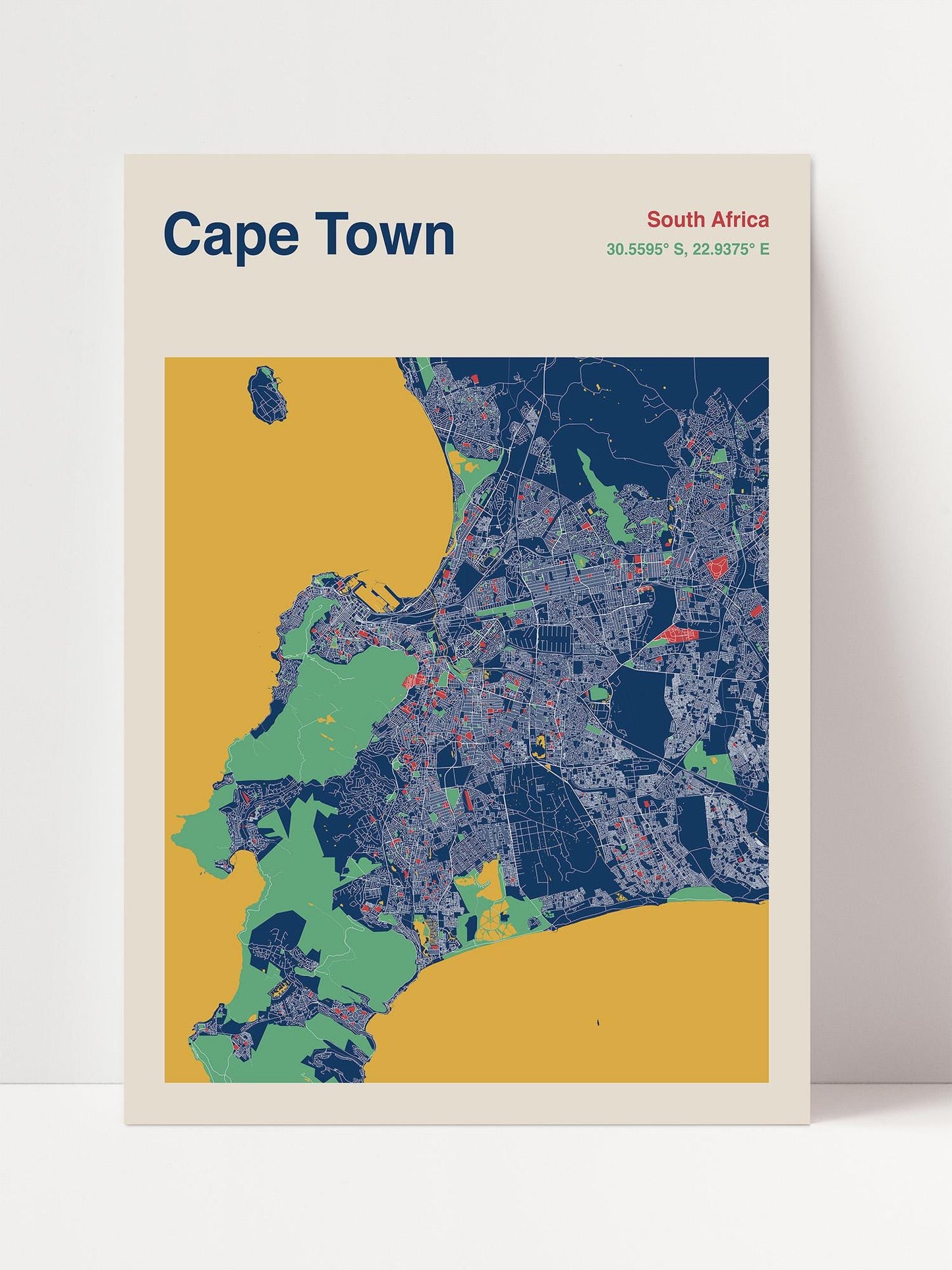 The image is a colorful map of Cape Town, South Africa, depicting the city's layout and surrounding areas.