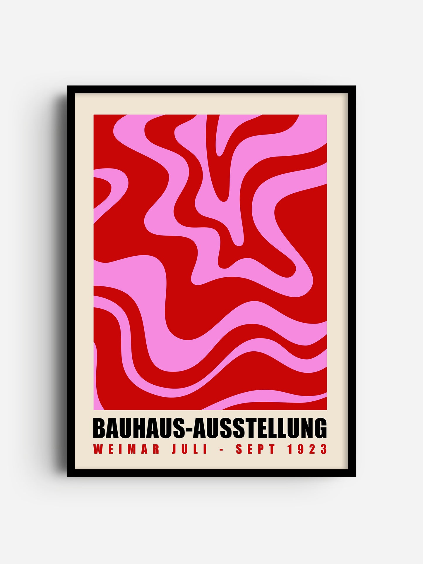 The image is a framed poster featuring a bold, abstract design with red and pink wavy lines. The text on the poster reads "Bauhaus-Ausstellung WEIMAR JULI - SEPT 1923".