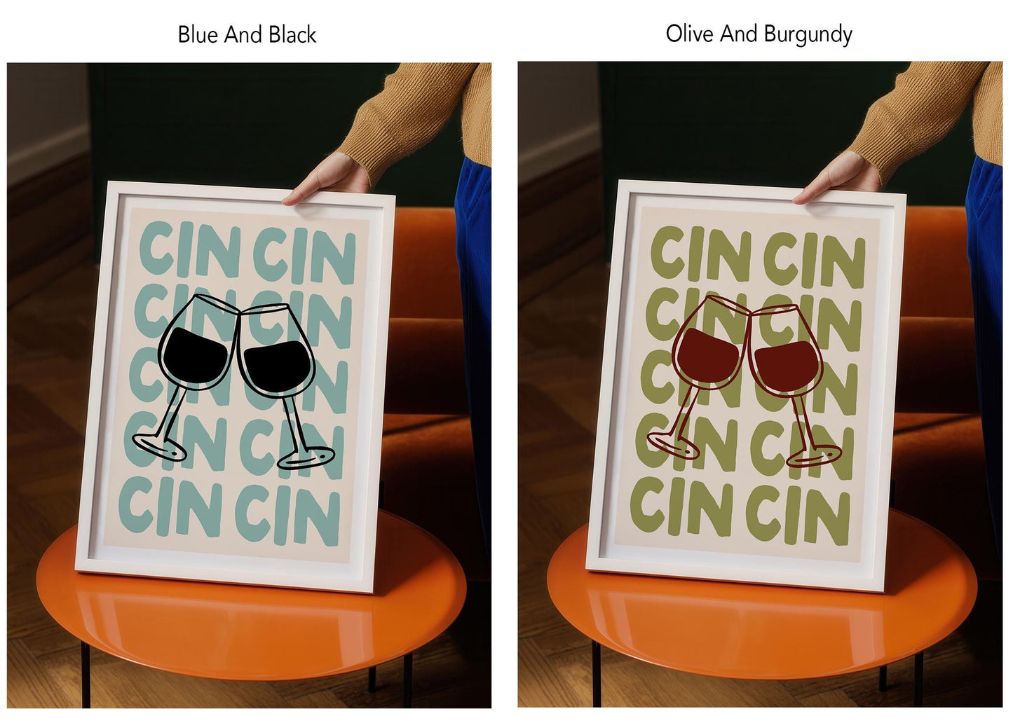 two framed pictures of wine glasses, one in blue and black and the other in olive and burgundy colors.