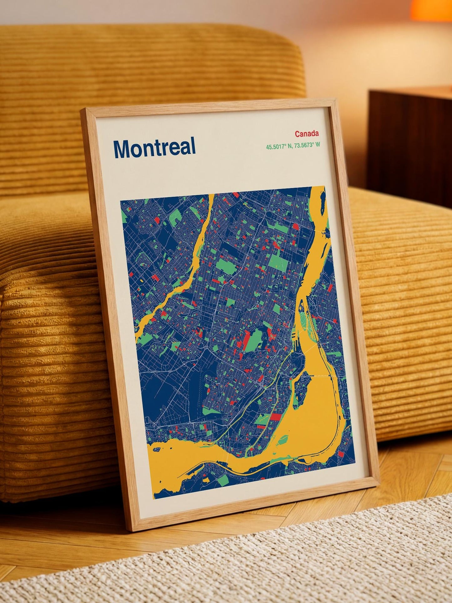 A framed map of Montreal, Canada, with a colorful and detailed representation of the city's streets and landmarks.