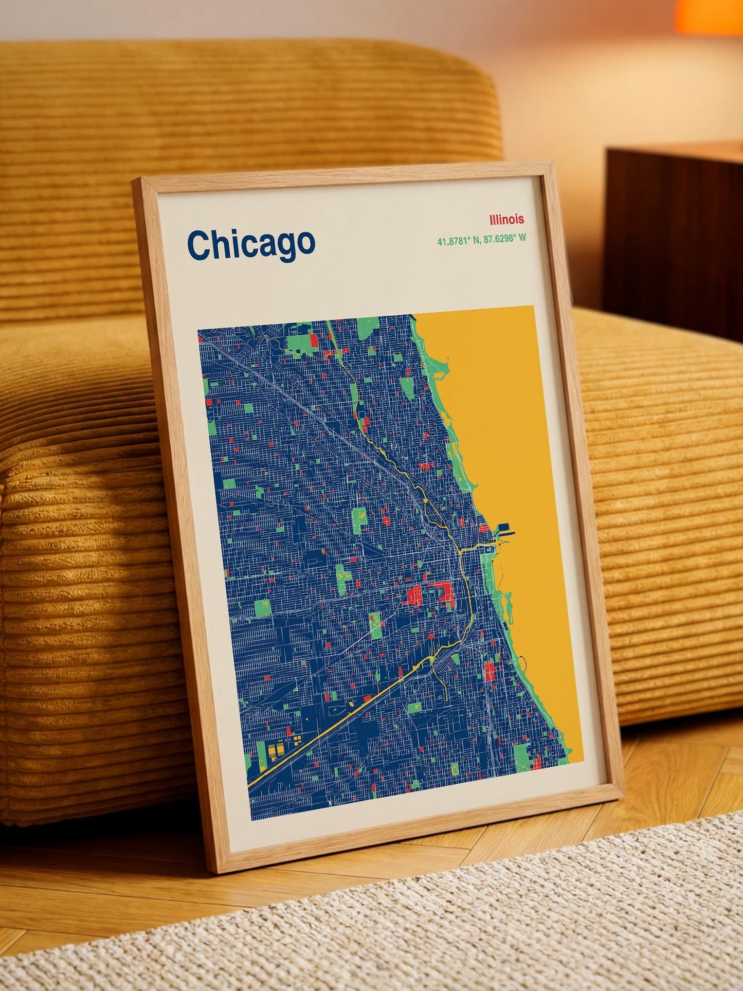 A framed map of Chicago, Illinois, with a colorful and detailed representation of the city's streets and neighborhoods.