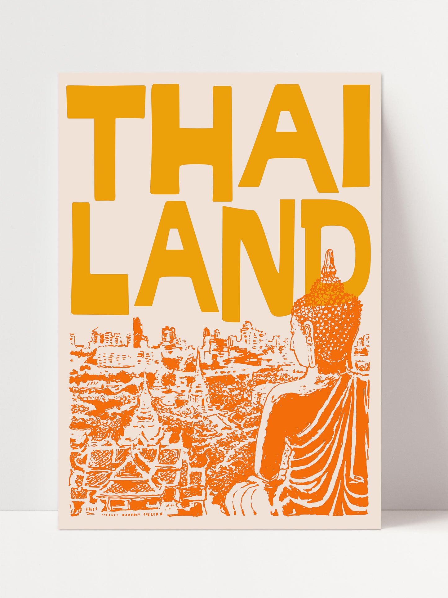 The image is a poster featuring an illustration of a Buddha statue overlooking a cityscape.