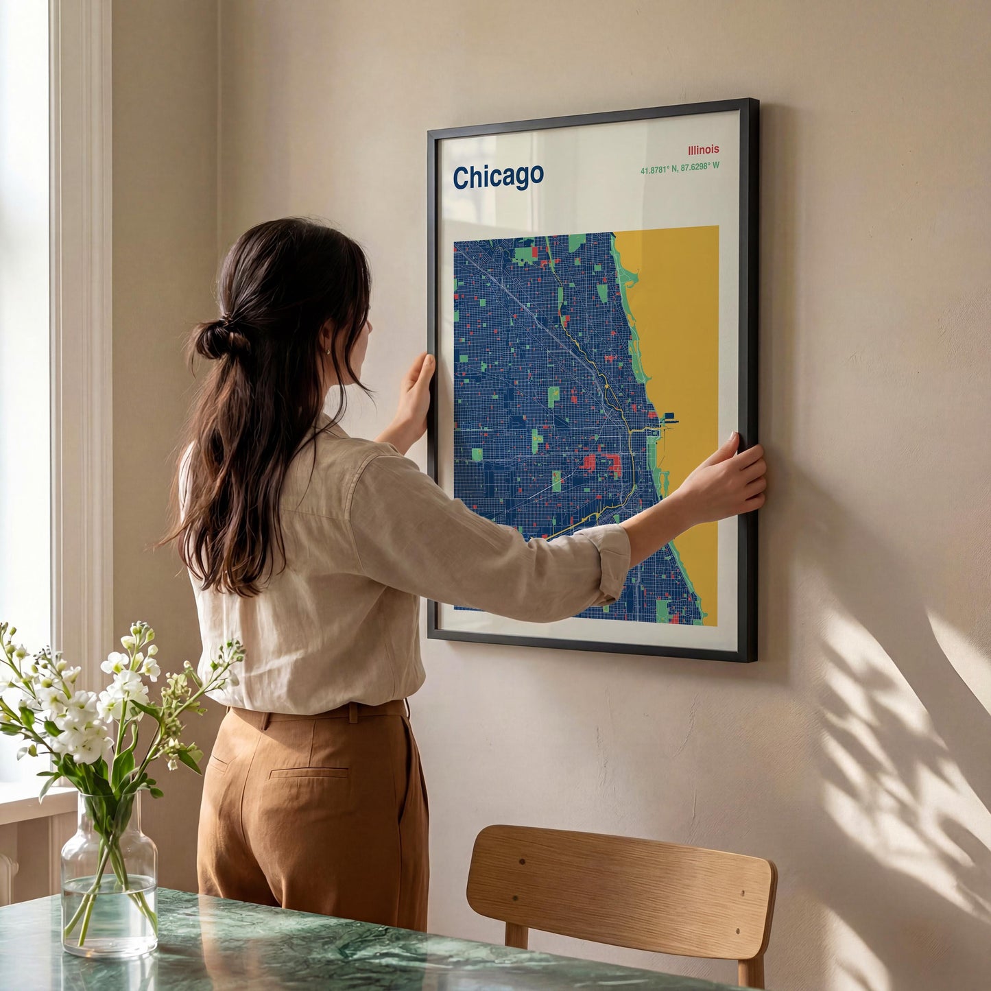 A woman is hanging a framed poster of a map of Chicago on a wall.