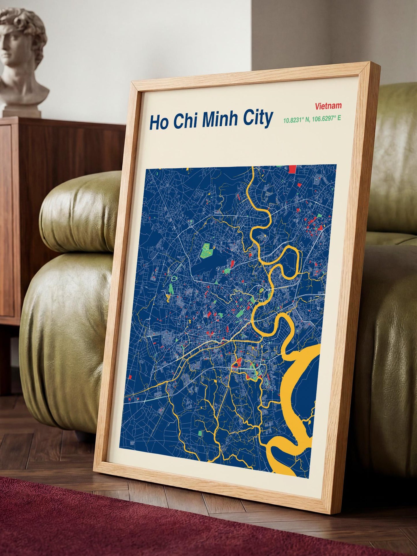 A framed map of Ho Chi Minh City, Vietnam, with a blue and yellow color scheme.