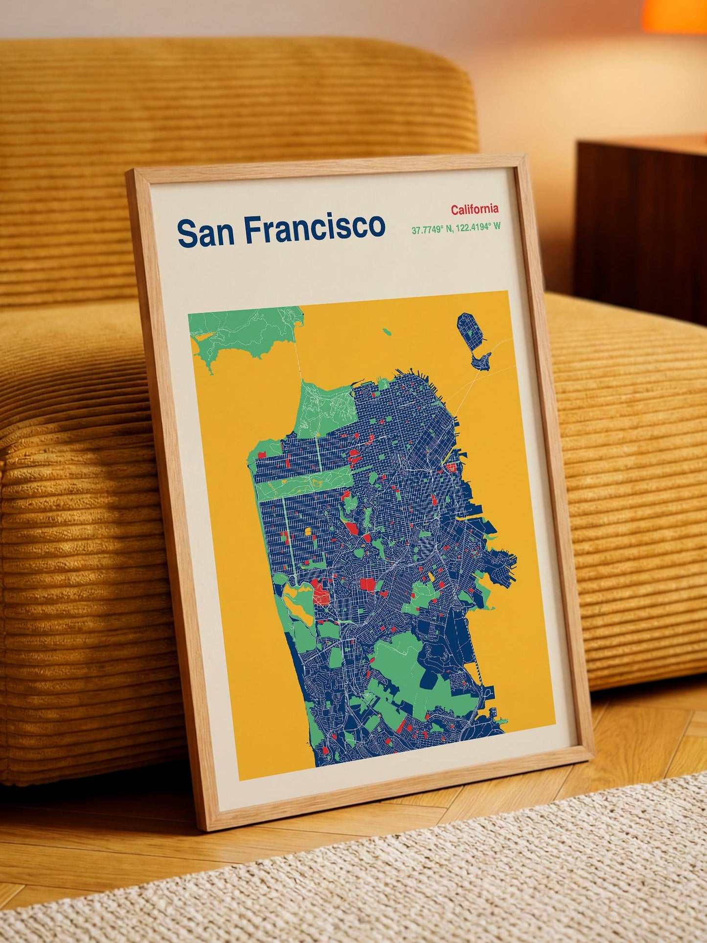 A framed map of San Francisco, California, with a colorful and detailed illustration of the city's streets and neighborhoods.