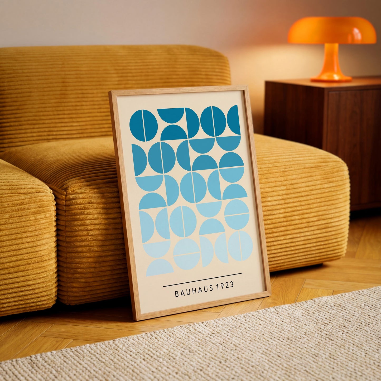 a framed poster of a geometric design with blue and white shapes, placed on a wooden floor in front of a yellow couch.