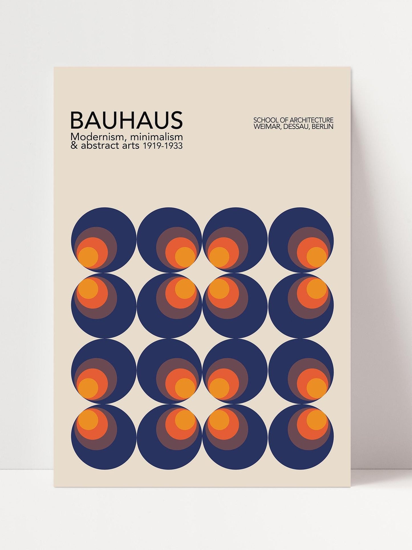 The image is a poster for the Bauhaus School of Architecture in Berlin, featuring a repeating pattern of circles in shades of orange and blue.