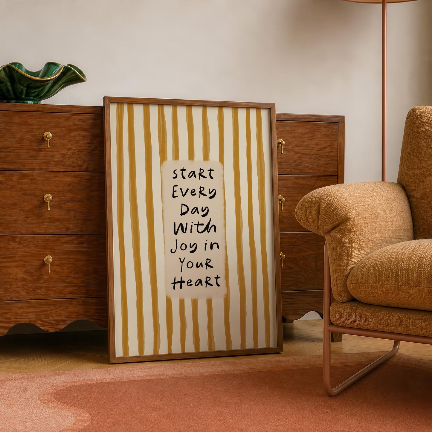 Joy Quote Hand Drawn Print: Mid Century Striped Wall Art