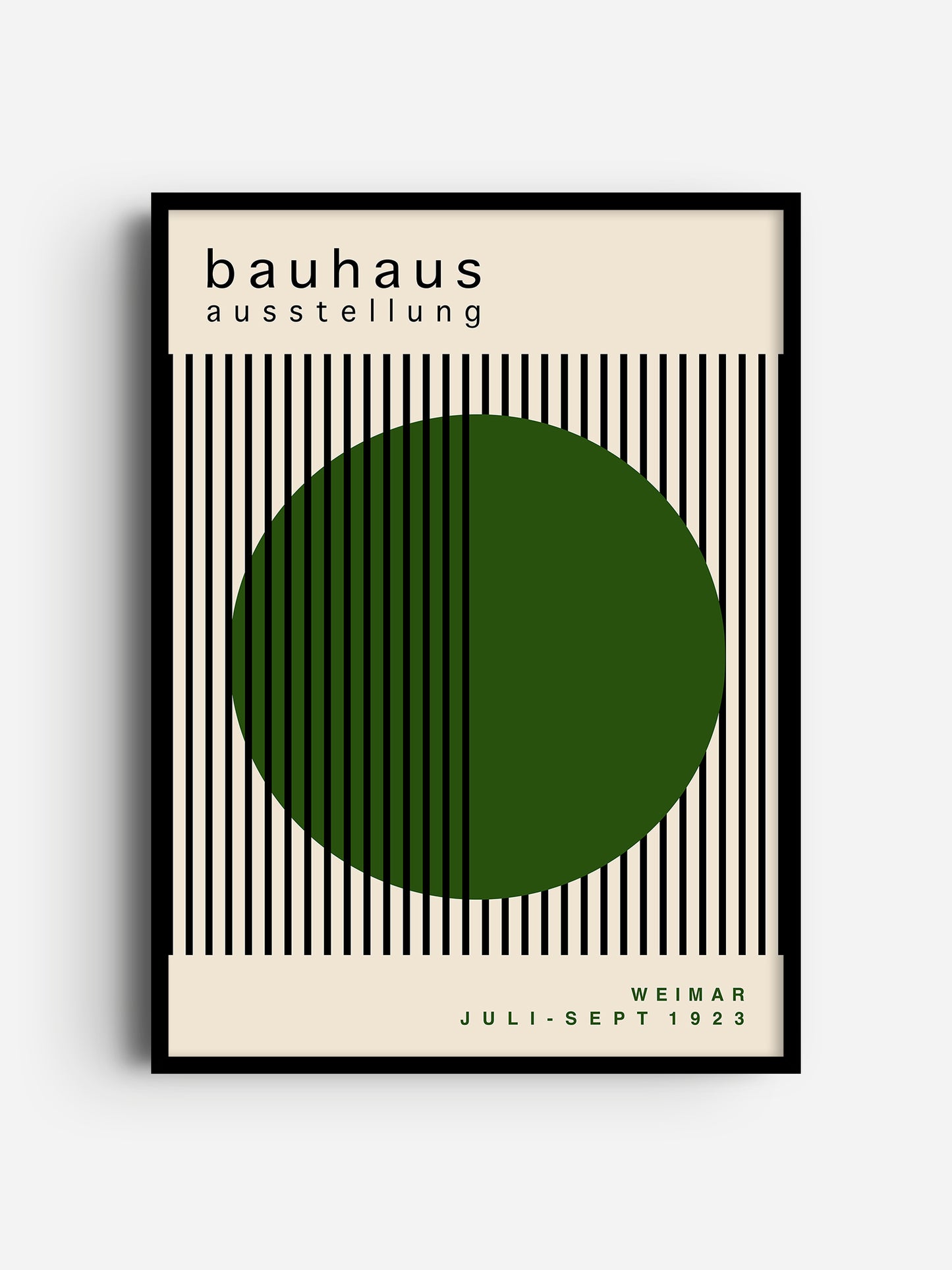The image is a poster for the Bauhaus art school, featuring a large green circle with vertical black lines and text.