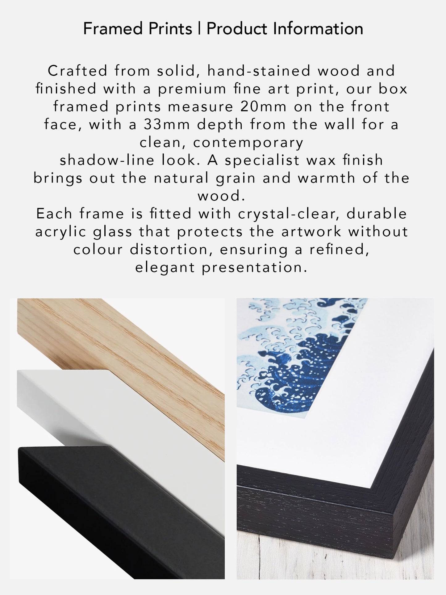 The image is a framed print product information that provides details about the craftsmanship and materials used in creating the print.
