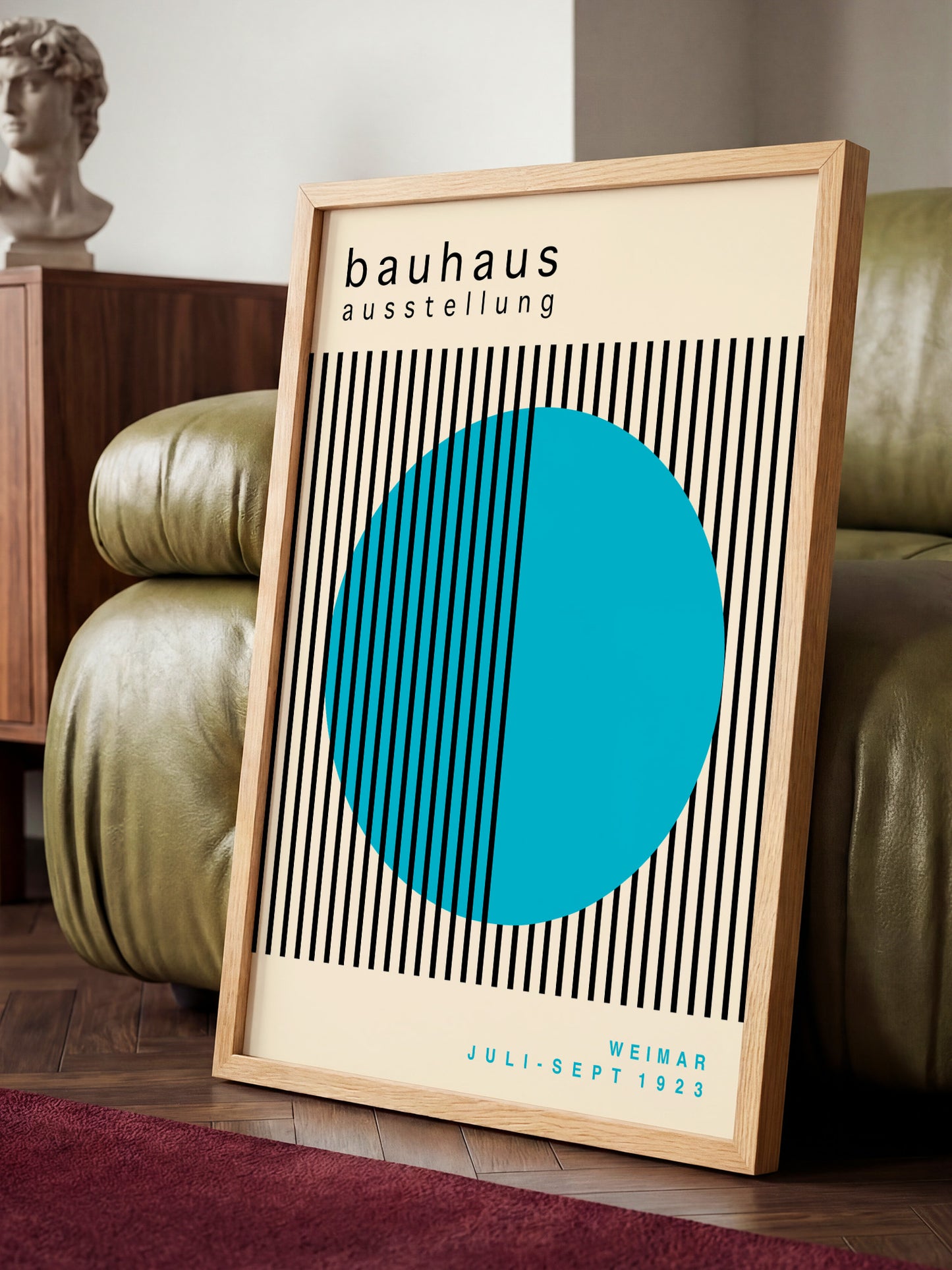 a minimalist poster of the Bauhaus art school, with a large circular design in blue and black stripes and the text "Bauhaus austellung" (Bauhaus art school) prominently displayed.