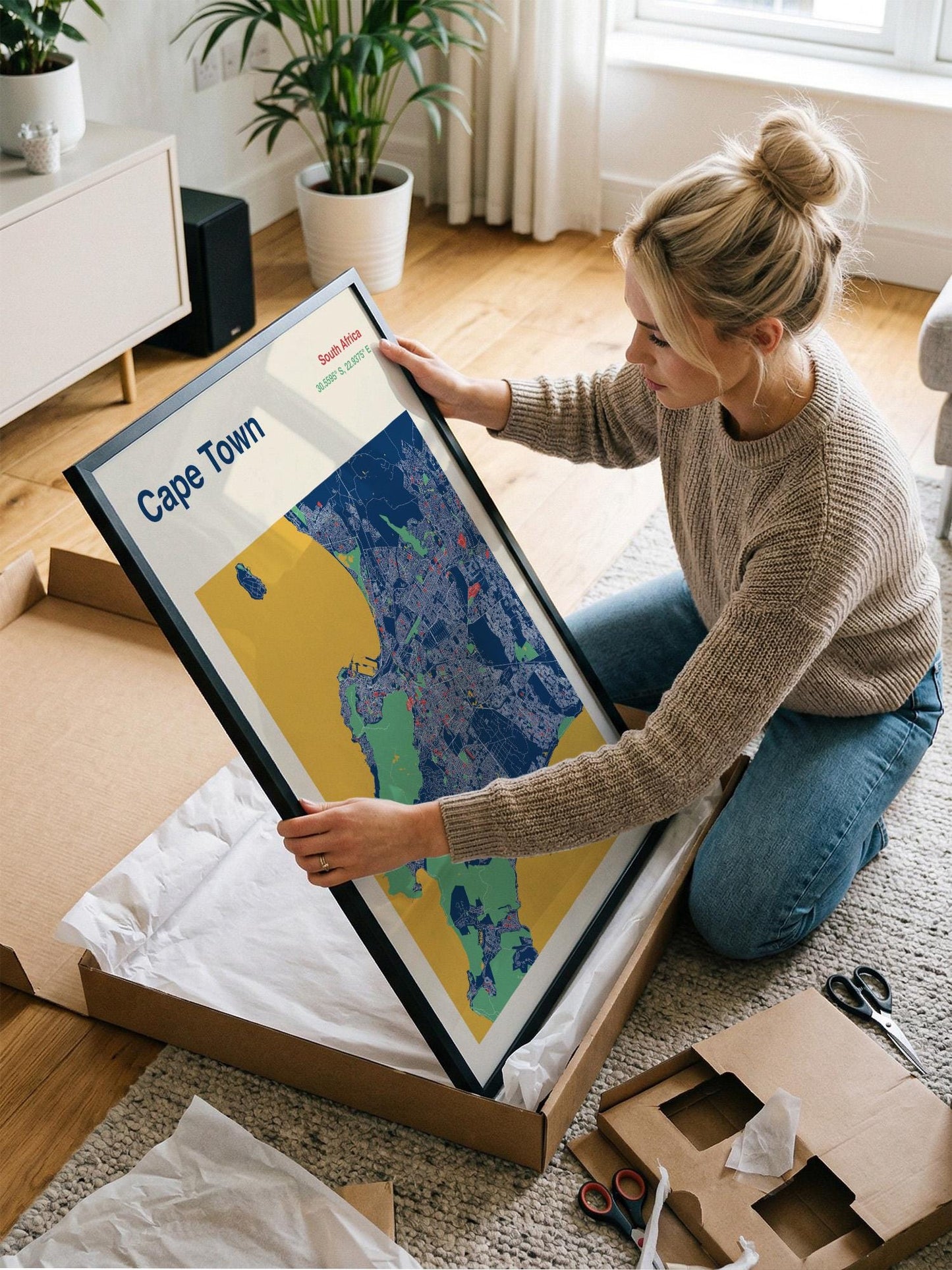 A woman is kneeling on the floor and holding a framed map of Cape Town, which is a city in South Africa.