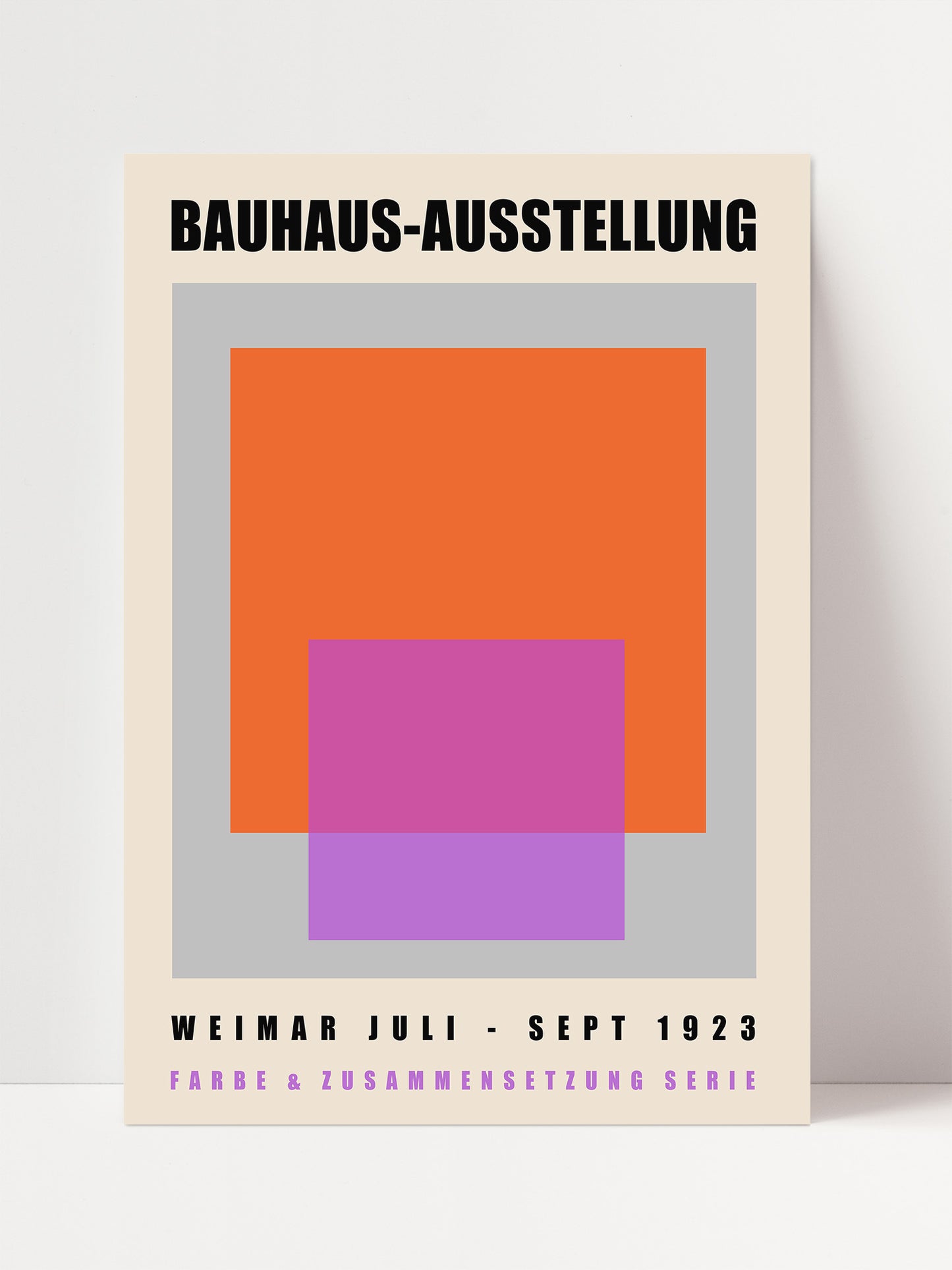 The image is a poster for the Bauhaus-Ausstellung exhibition, featuring a bold geometric design with orange, pink, and purple shapes.