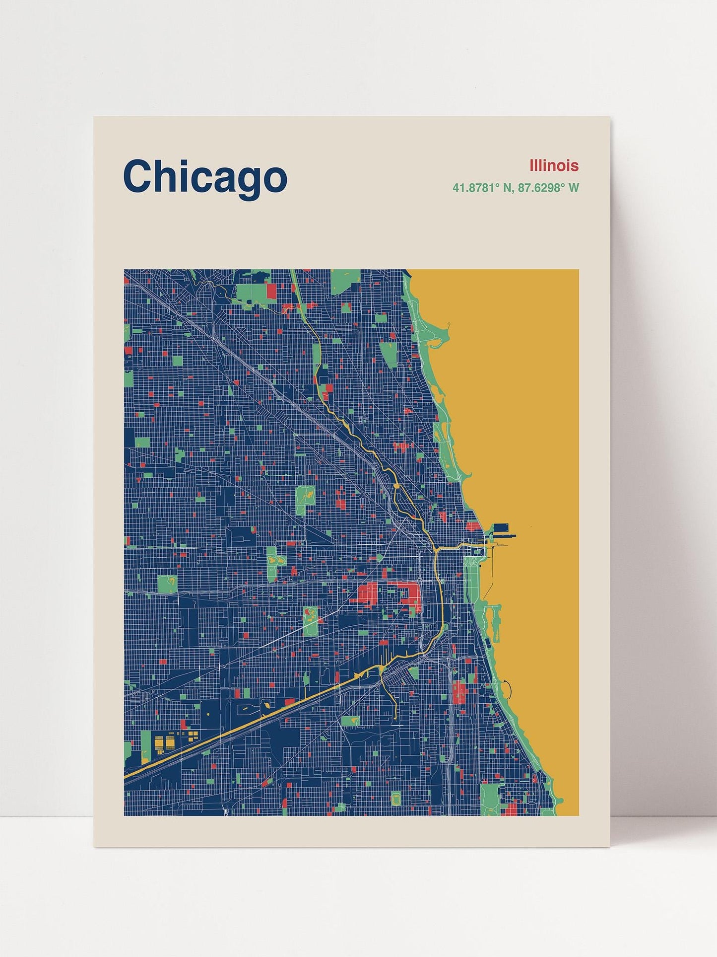 The image is a stylized map of Chicago, Illinois, USA, depicting the city's streets and neighborhoods in a vibrant color palette of blue, green, and yellow.