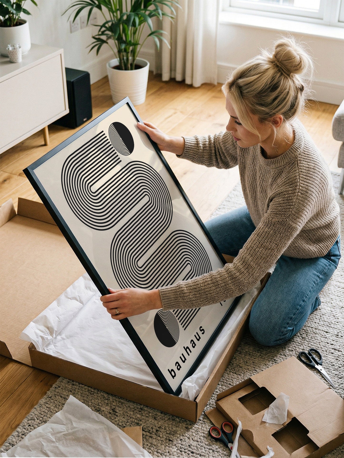 A woman is kneeling on the floor and carefully handling a framed print, which appears to be a piece of art or a photograph.