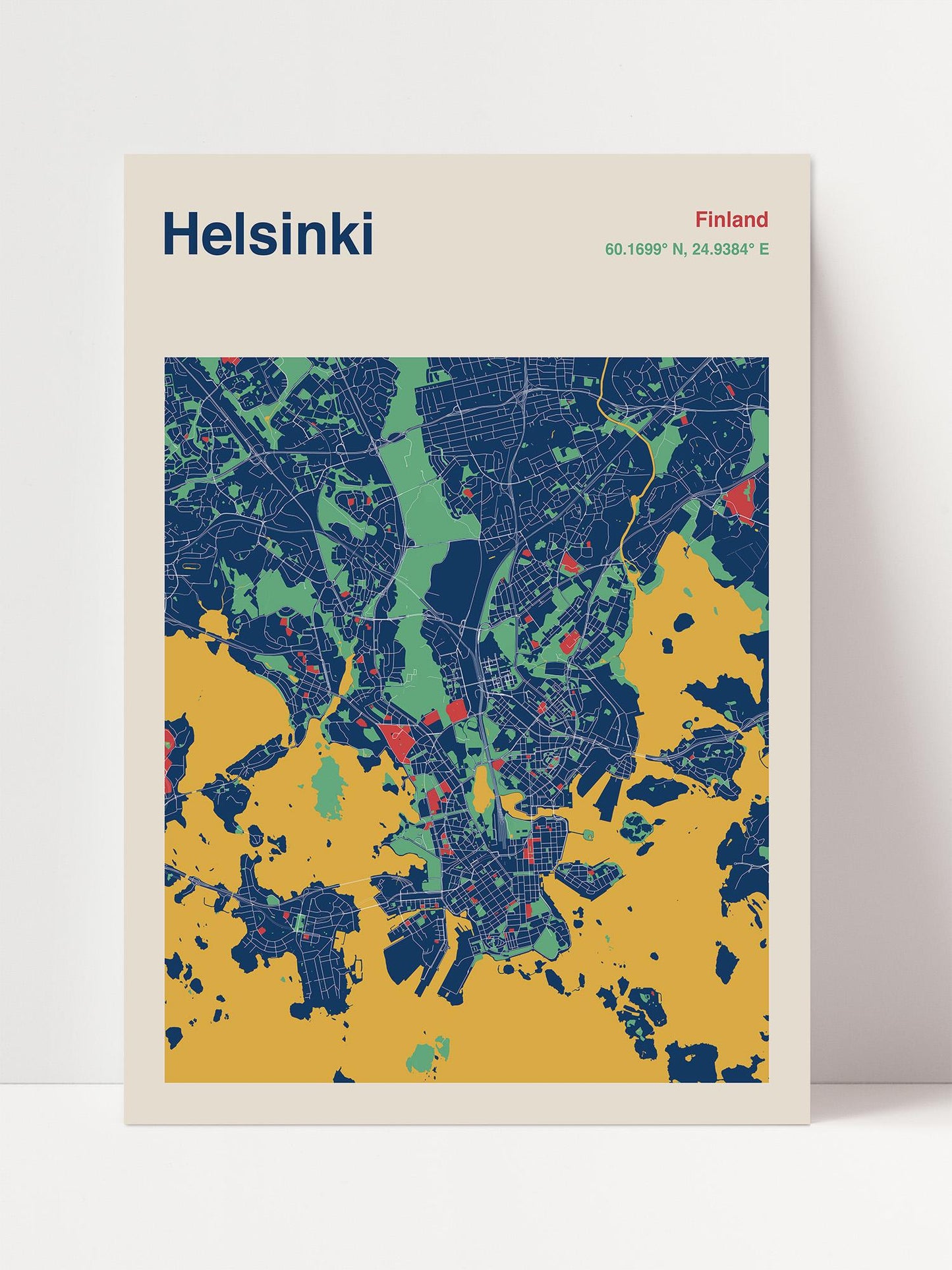 The image is a colorful map of Helsinki, Finland, depicting the city's streets and landmarks in a stylized manner.