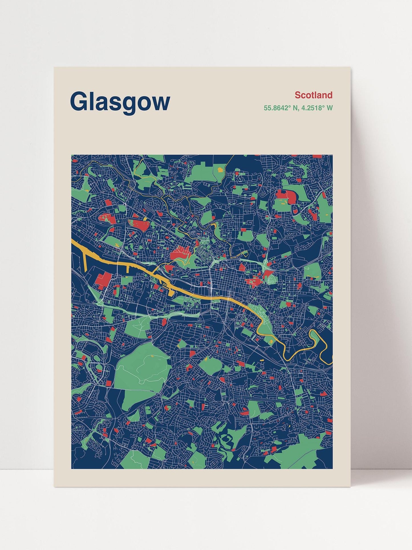 The image is a colorful map of the city of Glasgow, Scotland, depicting the city's streets, landmarks, and neighborhoods in a stylized and vibrant manner.