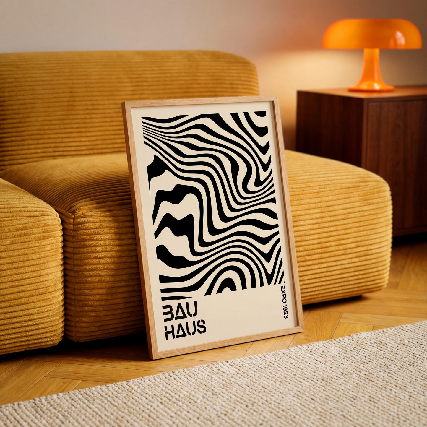 a framed poster of the Bauhaus design style, placed on a wooden floor in a living room setting.