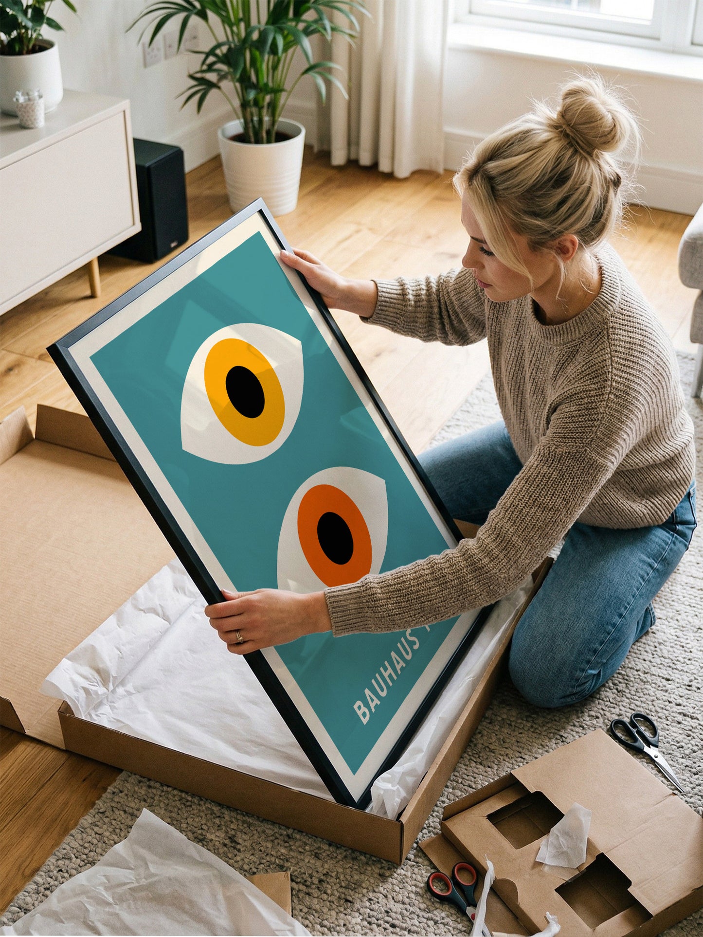 A woman is kneeling on the floor and holding a framed poster with a striking eye design.