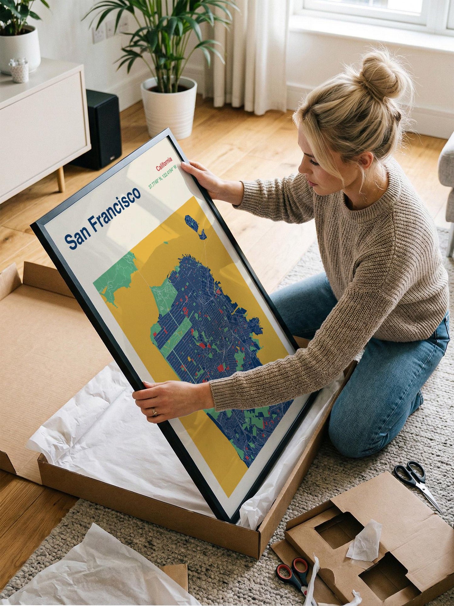 A woman is kneeling on the floor and holding a framed map of San Francisco, which is a large poster with a colorful design.