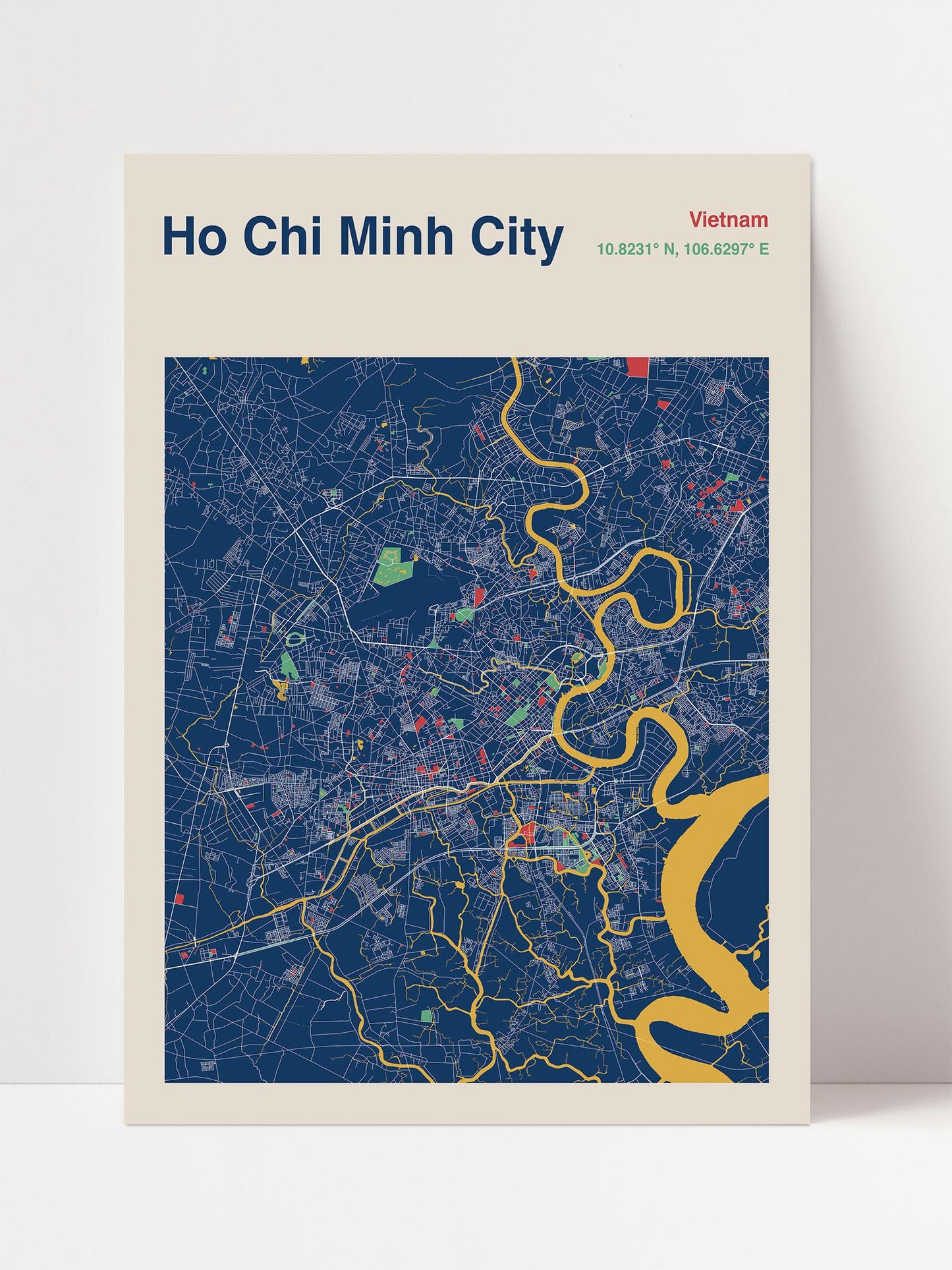 The image is a map of Ho Chi Minh City, Vietnam, depicting the city's streets, landmarks, and other geographical features in a stylized and colorful manner.