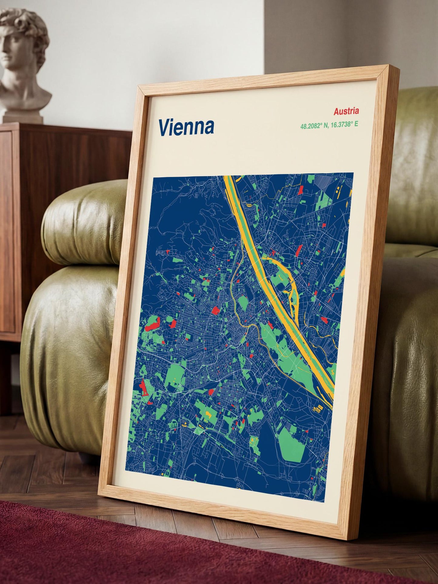a framed map of Vienna, Austria, with a colorful and detailed representation of the city's streets and landmarks.